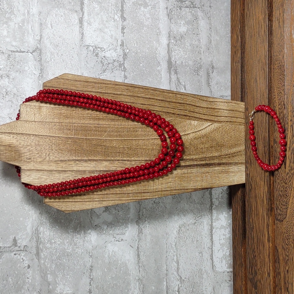 Red Bamboo Coral Triple Strand Bead Necklace and Matching Bracelet